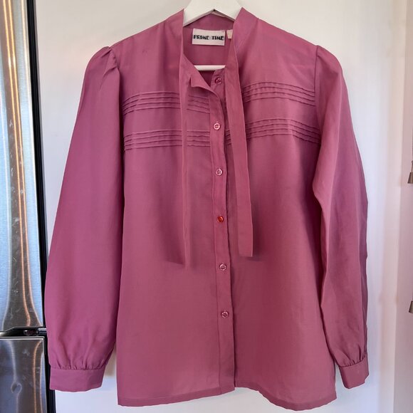 Vintage Pink Prime Time Long Sleeve Blouse with Neck Tie - Picture 4 of 11